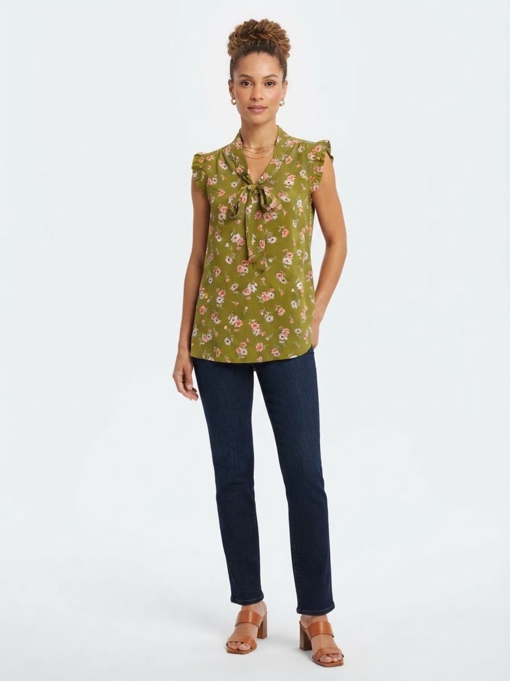 Sweet Rain Green Floral Tie-Front Sleeveless Blouse Size M